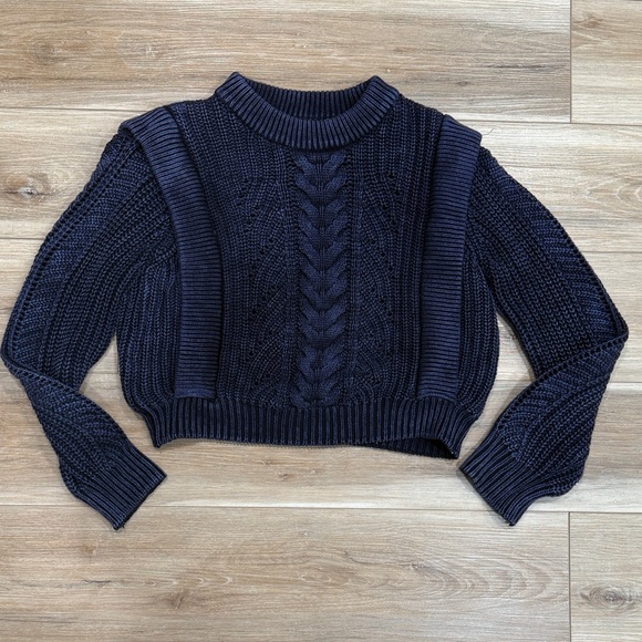 Mango Dark Blue Cable Knit Cotton Cropped Sweater - Picture 1 of 6